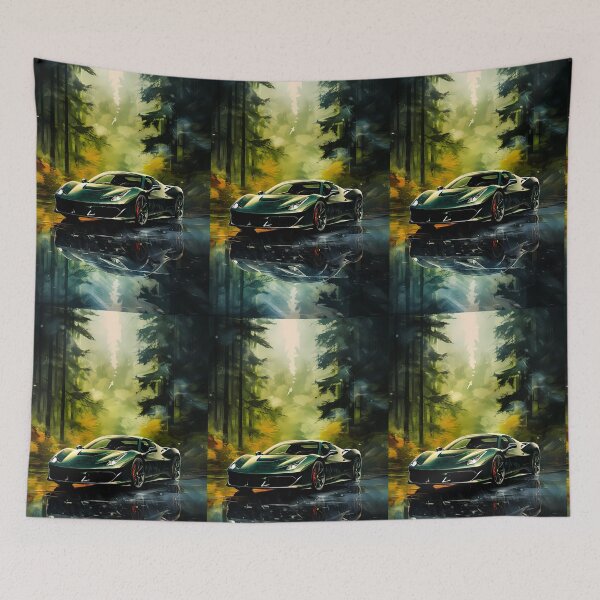 Item preview, Emerald supercar resting on glassy forest road designed and sold by RevUpDesign.