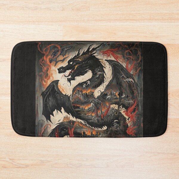 Item preview, Dark Fantasy Dragon Over Burning Castle – Epic Black Dragon Fire Illustration designed and sold by TitanRN.