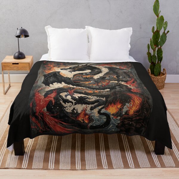 Item preview, Dark Fantasy Dragon Over Burning Castle – Epic Black Dragon Fire Illustration designed and sold by TitanRN.