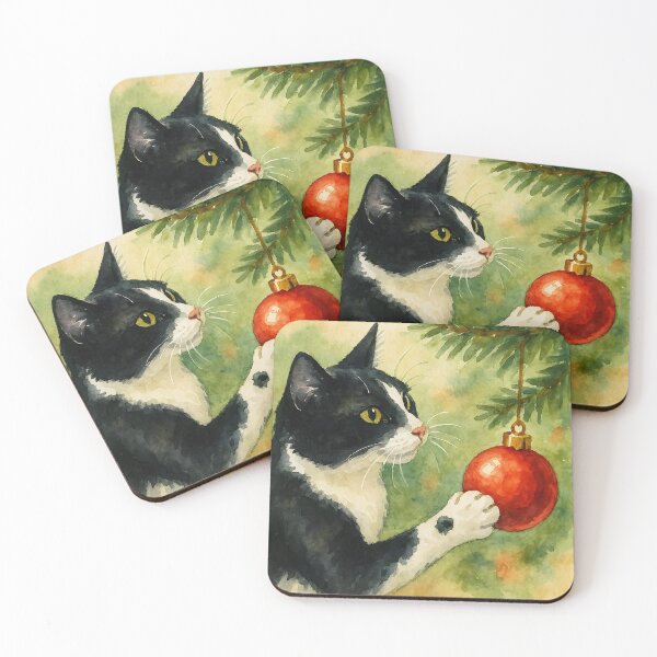 Item preview, Here Comes Santa Claws – Black and White Cat Playing with Red Christmas Ornament designed and sold by EmeraldeaDesign.