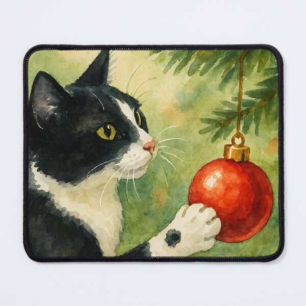 Item preview, Here Comes Santa Claws – Black and White Cat Playing with Red Christmas Ornament designed and sold by EmeraldeaDesign.