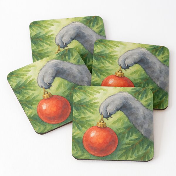 Item preview, Here Comes Santa Claws – Grey Cat Stealing Red Christmas Ornament designed and sold by EmeraldeaDesign.
