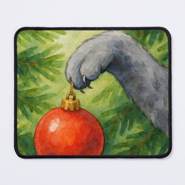 Item preview, Here Comes Santa Claws – Grey Cat Stealing Red Christmas Ornament designed and sold by EmeraldeaDesign.