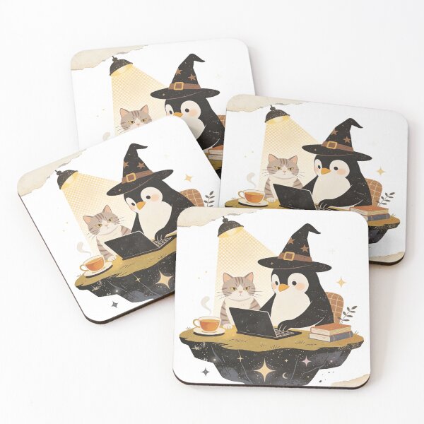 Item preview, Cozy Witch Penguin Coding Cat Art - Magical Remote Work Illustration designed and sold by Cherrydora.