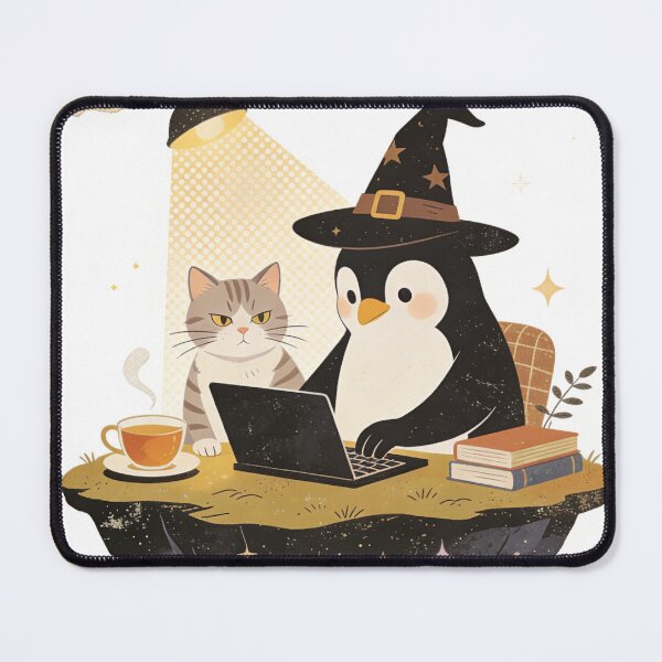 Item preview, Cozy Witch Penguin Coding Cat Art - Magical Remote Work Illustration designed and sold by Cherrydora.
