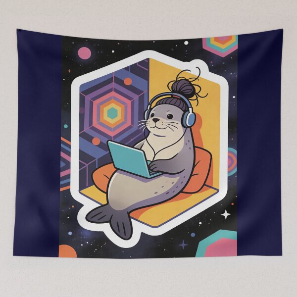 Item preview, Digital Nomad Seal Working from Space Art | Cute Remote Worker WFH Kawaii Hexagon Vibe designed and sold by Cherrydora.