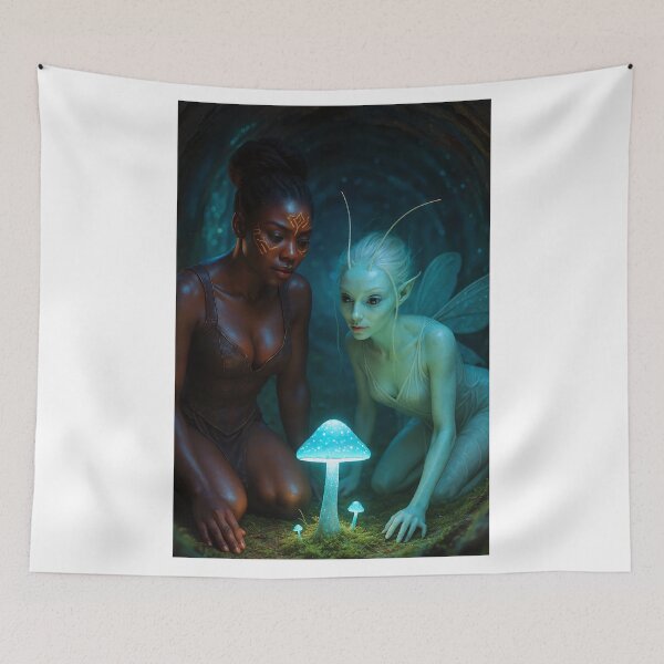 Item preview, Two beings gaze glowing mushroom tree cricket designed and sold by CathryneDelamort.
