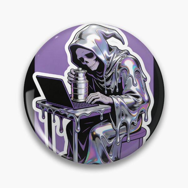 Item preview, Iridescent Chrome Grim Reaper Working on Laptop | Funny Goth Office Coffee Skeleton Art designed and sold by Cherrydora.