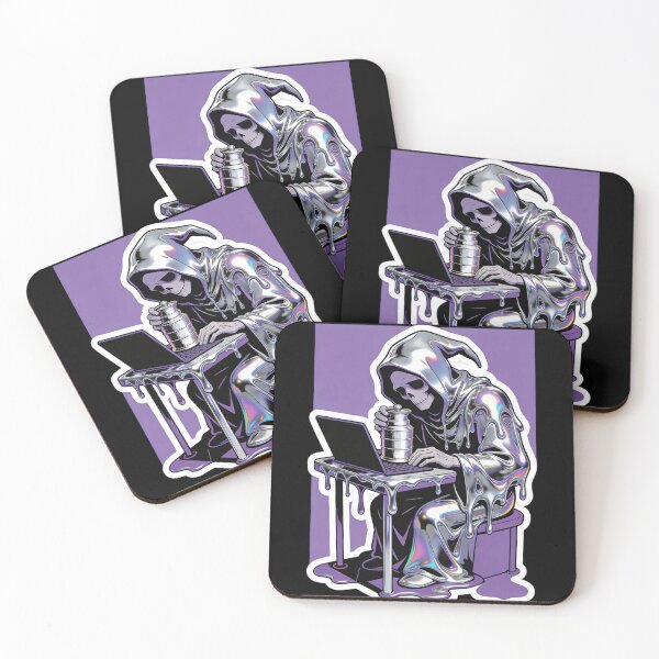 Item preview, Iridescent Chrome Grim Reaper Working on Laptop | Funny Goth Office Coffee Skeleton Art designed and sold by Cherrydora.