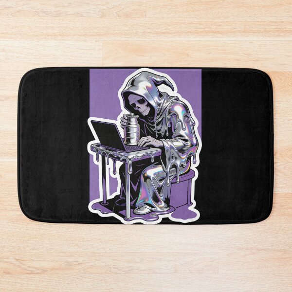 Item preview, Iridescent Chrome Grim Reaper Working on Laptop | Funny Goth Office Coffee Skeleton Art designed and sold by Cherrydora.