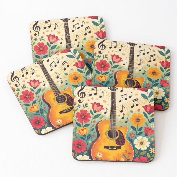 Item preview, A beautifully expressive painting of an acoustic guitar with vibrant blooming flowers and swirling musical notes designed and sold by Ponted.