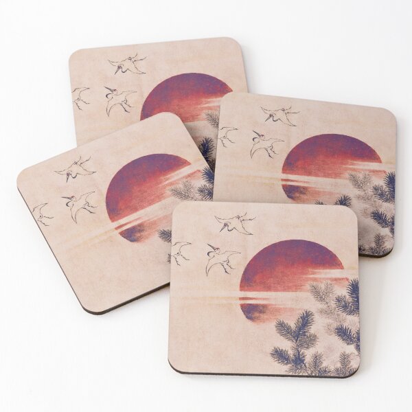 Item preview, Japanese Cranes at Sunrise - Vintage Pine and Red Sun Art designed and sold by Open Canvas.