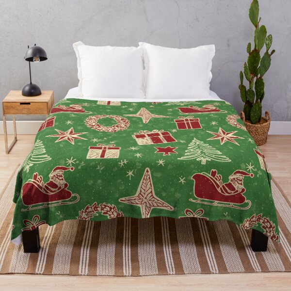 Item preview, Vintage Santa Sleigh Christmas Throw Pillow & Blanket - Green & Red Retro Holiday Decor, designed and sold by ZyxDes.