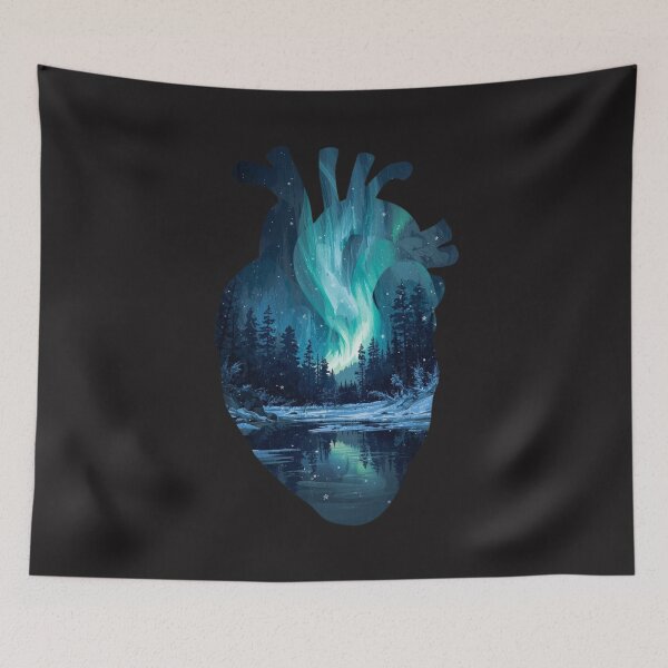 Item preview, Aurora Borealis Heart Silhouette - Northern Lights Winter Landscape Art designed and sold by TitanRN.