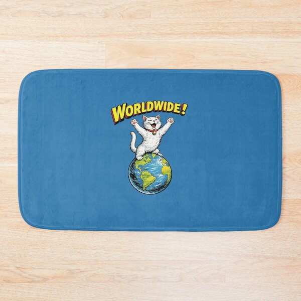Item preview, Happy White Cat Celebrating on Planet Earth – Retro Cartoon Art designed and sold by The Devil's Bargain.