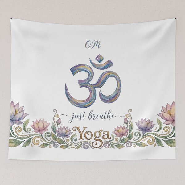 Item preview, Om Symbol Just Breathe – Watercolor Lotus Flower Yoga Art - White edition designed and sold by Miss Cutie Designs.
