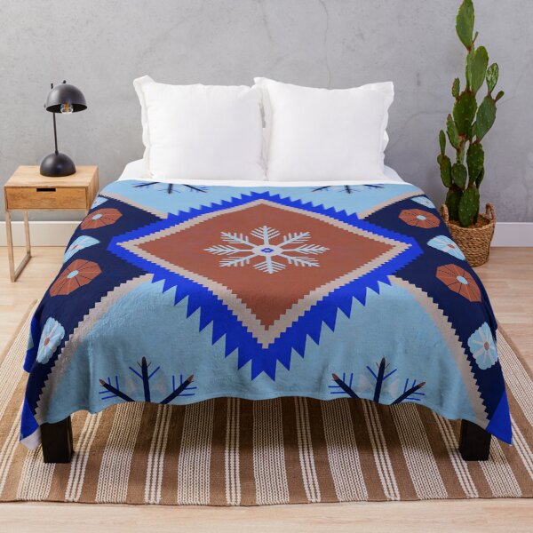 Item preview, Blue Nordic Snowflake Throw Pillow & Blanket - Geometric Winter Decor, Blue & Copper Fair Isle Bedding, Modern Snowflake Pattern designed and sold by ZyxDes.