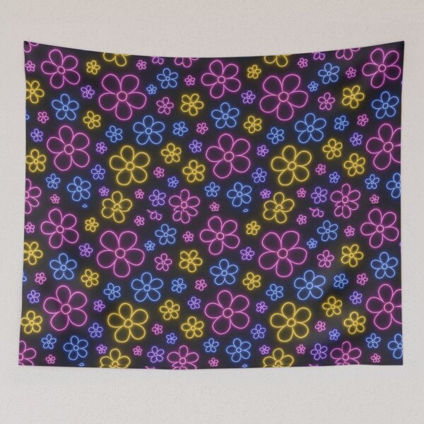 Item preview, Neon Glow Flower Seamless Pattern – Retro Colorful Floral on Dark Pink Background designed and sold by Sksticker991.