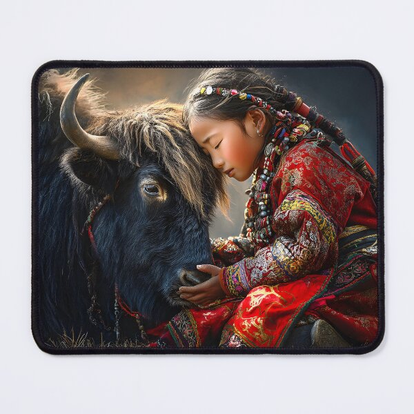 Item preview, Young Girl and Yak in Traditional Attire Embrace designed and sold by Artessie.