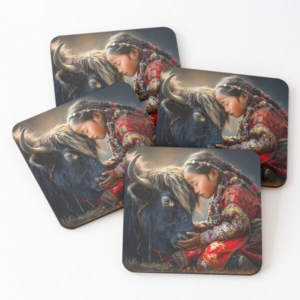 Item preview, Young Girl and Yak in Traditional Attire Embrace designed and sold by Artessie.