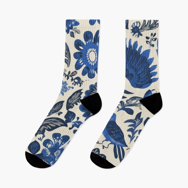 Item preview, Blue Flowers Folk Inspired Birdy Botanical Pattern designed and sold by GrinGalore.