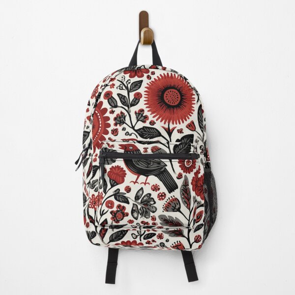 Item preview, Red Black Flowers Folk Inspired Birdy Botanical Pattern designed and sold by GrinGalore.