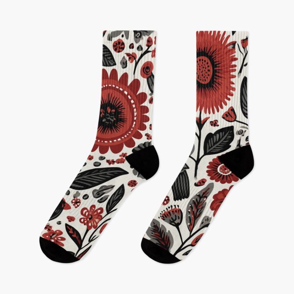 Item preview, Red Black Flowers Folk Inspired Birdy Botanical Pattern designed and sold by GrinGalore.