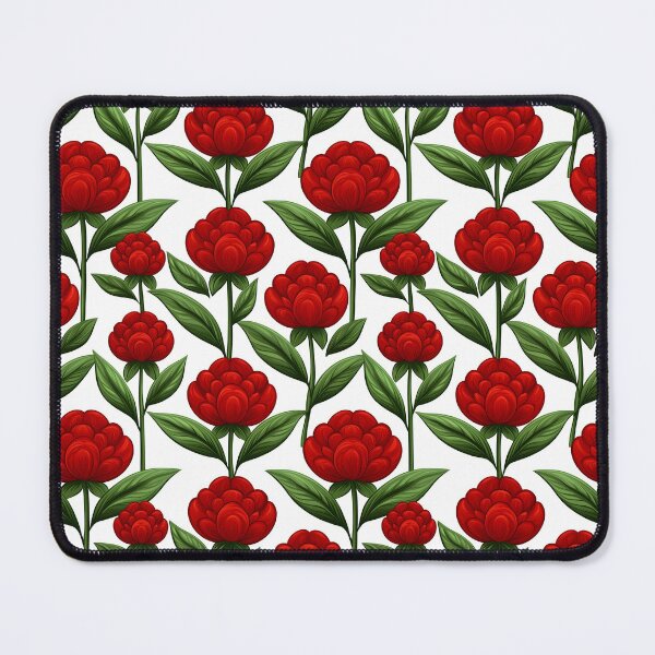 Item preview, Red flower drawing with green foliage, laid out in seamless pattern with bright coloration against a white background for a striking botanical aesthetic. designed and sold by rujlaphusstudio.