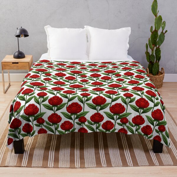 Item preview, Red flower drawing with green foliage, laid out in seamless pattern with bright coloration against a white background for a striking botanical aesthetic. designed and sold by rujlaphusstudio.