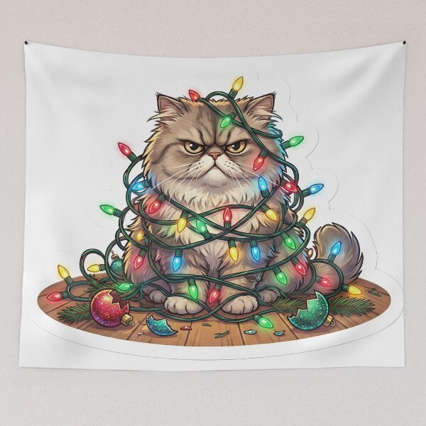 Item preview, Grumpy Cat Tangled in Christmas Lights Holiday Chaos designed and sold by StickyGuys.