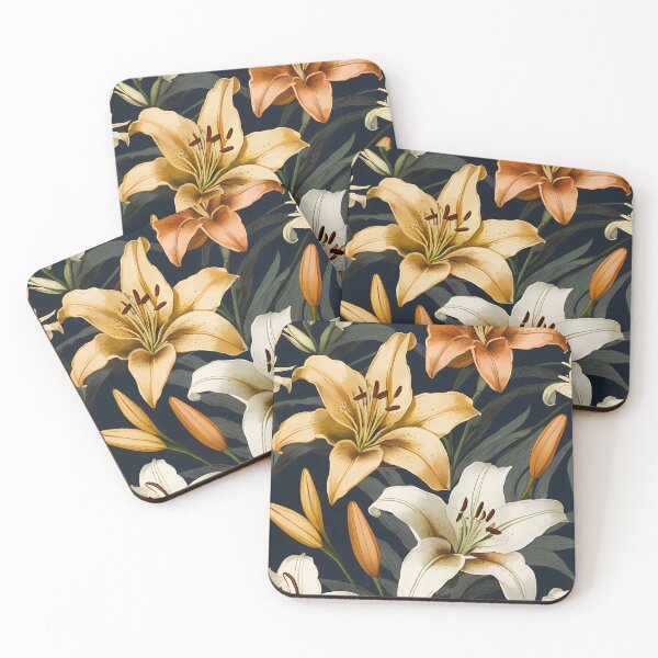 Item preview, Graceful Lily Blossoms on a Dark Floral Background. designed and sold by MissYouONLY.