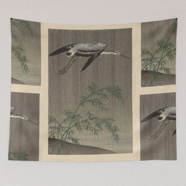 Item preview, Heron Flying in Rain by Ohara Koson : Minimalist Nature Japanese Poster designed and sold by artofuniverse.