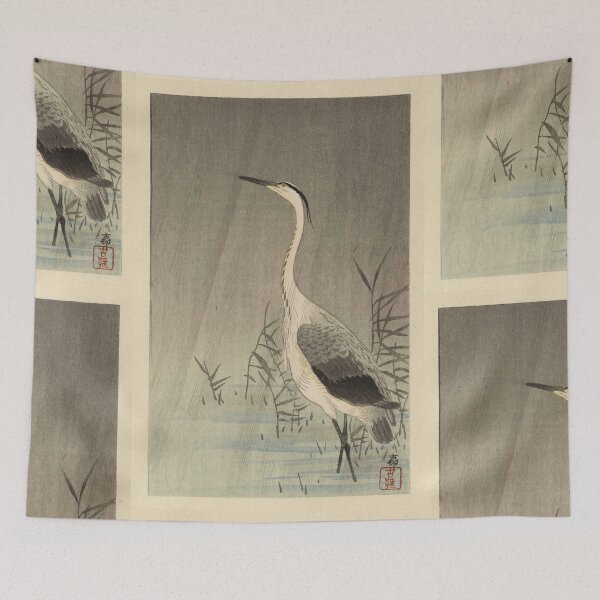 Item preview, Heron in Shallow Water in Rain by Ohara Koson : Japandi Japanese Poster designed and sold by artofuniverse.