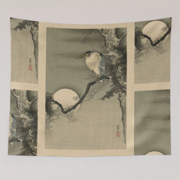 Item preview, Heron Perched on a Branch and Full Moon by Ohara Koson : Serene Japanese Poster designed and sold by artofuniverse.