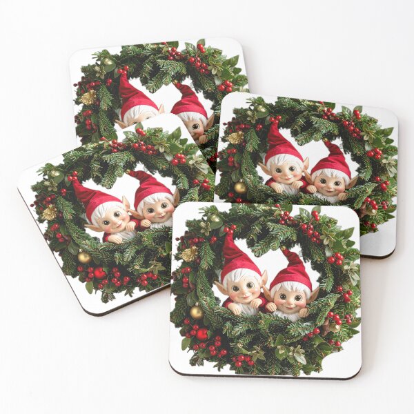 Item preview, Christmas Elves in Wreath - Cute Holiday Gnomes Peeking Through Festive Evergreen Decoration designed and sold by Simple Nature Studio.