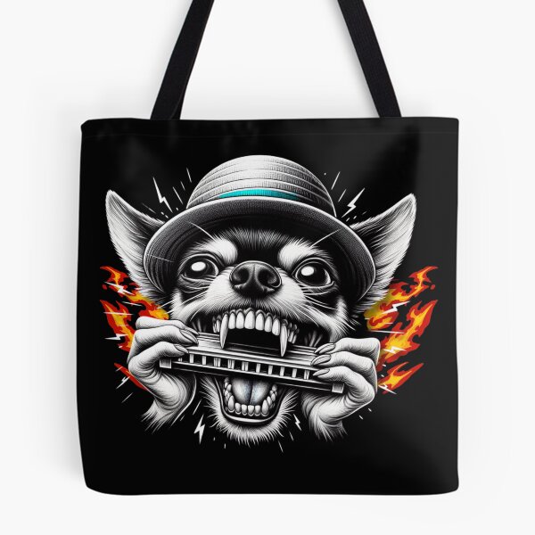 Item preview, Unhinged Chihuahua Shredding a Harmonica – Chaotic Funny Flames Dog Art designed and sold by Kmcantley.