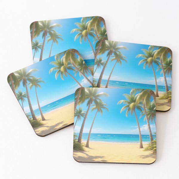 Item preview, beautiful tropical beach paradise sunny day with many palm trees framing horizon bright blue sky and golden sand designed and sold by Mimoshi ⭐⭐⭐⭐⭐.