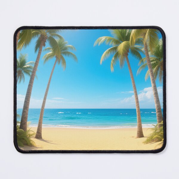 Item preview, beautiful tropical beach paradise sunny day with many palm trees framing horizon bright blue sky and golden sand designed and sold by Mimoshi ⭐⭐⭐⭐⭐.
