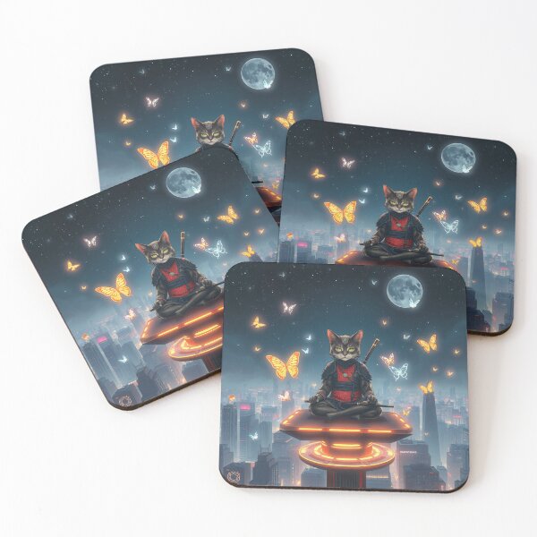 Item preview, Zen Samurai Cat in Cyber City designed and sold by MooDigitalArt.