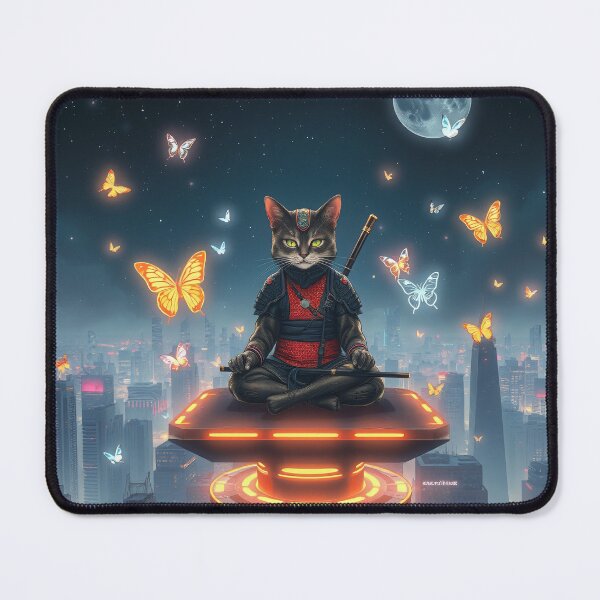 Item preview, Zen Samurai Cat in Cyber City designed and sold by MooDigitalArt.