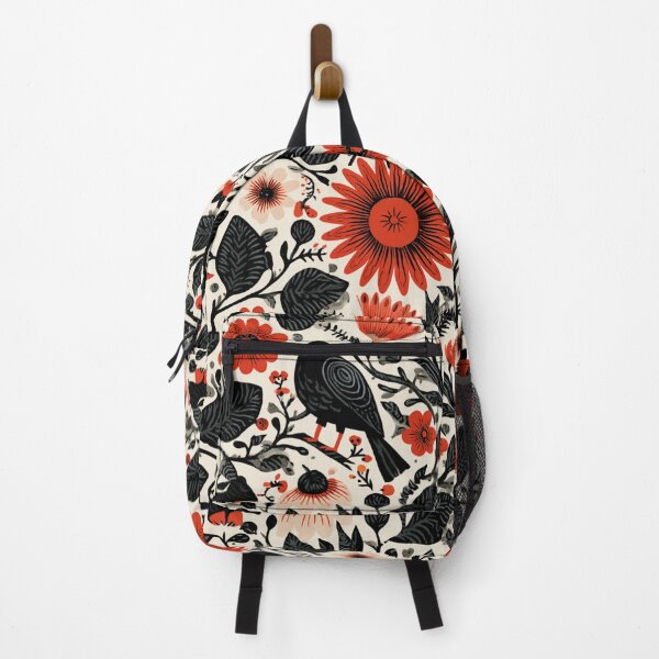 Item preview, Red Flowers Folk Inspired Black Birdy Botanical Pattern designed and sold by GrinGalore.