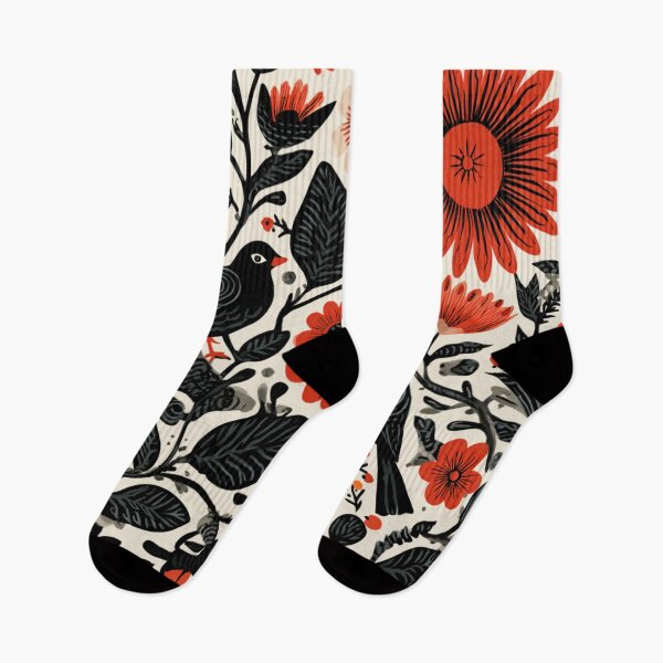 Item preview, Red Flowers Folk Inspired Black Birdy Botanical Pattern designed and sold by GrinGalore.