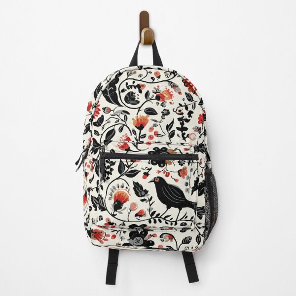 Item preview, Red Black Flowers Folk Inspired Birdy Botanical Watercolor Pattern designed and sold by GrinGalore.