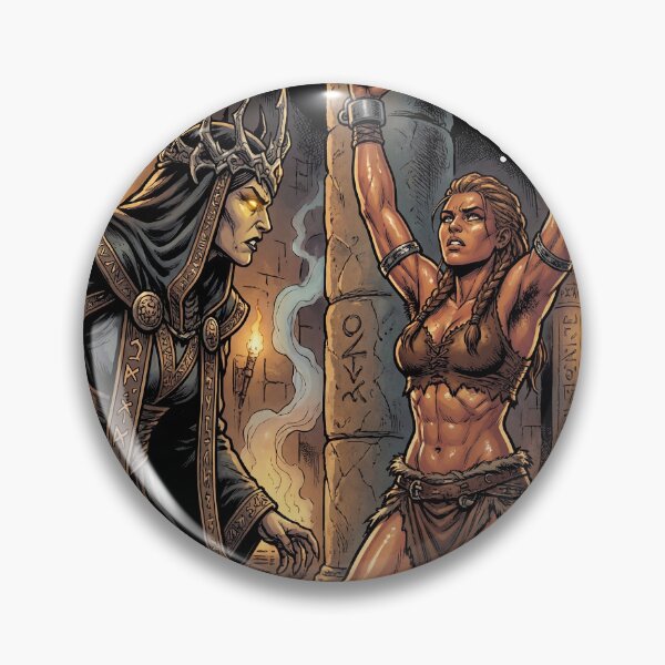 Artikelvorschau, Verhör einer barbarischen Kriegerin durch den bösen Zauberer im Defiance-Illustrationsstil (Comic-Stil) entworfen und verkauft von Vintage Designs +.
