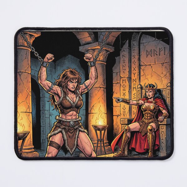 Item preview, Interrogation by the Red Queen of a Barbarian warrior woman in Defiance illustration comic book art style designed and sold by Vintage Designs +.