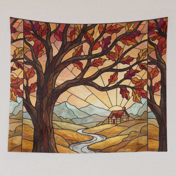 Item preview, Stained Glass Autumn Landscape Scenic View designed and sold by DenBox.