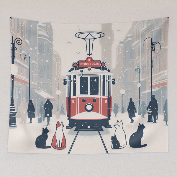 Artikelvorschau, Istanbuler Katzen und die historische Straßenbahn im Schnee – Flat Art entworfen und verkauft von Ascend777.