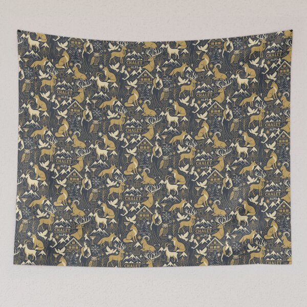 Item preview, Art Deco Alpine Christmas – Glamorous Golden Age Winter Chalet with Wildlife in Midnight Blue designed and sold by SaliMontoDesign.