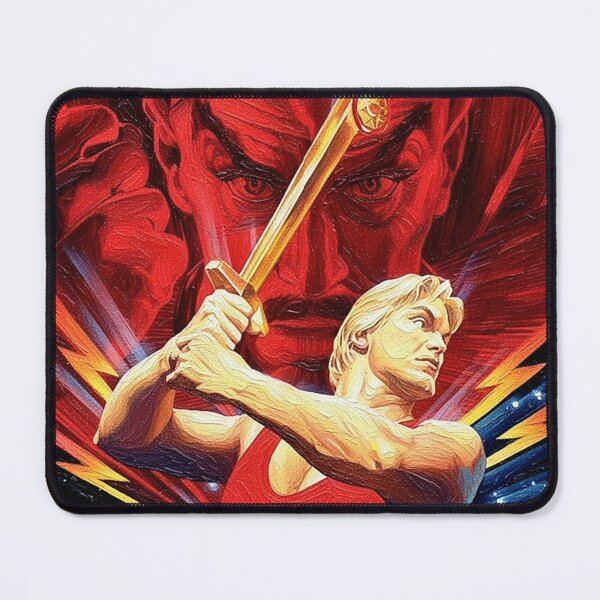 Item preview, Blonde Hero Gold Sword Red Lightning Art | Intergalactic Villain 80s Movie Painting | Bright Sci-Fi Poster designed and sold by Art's Diner.
