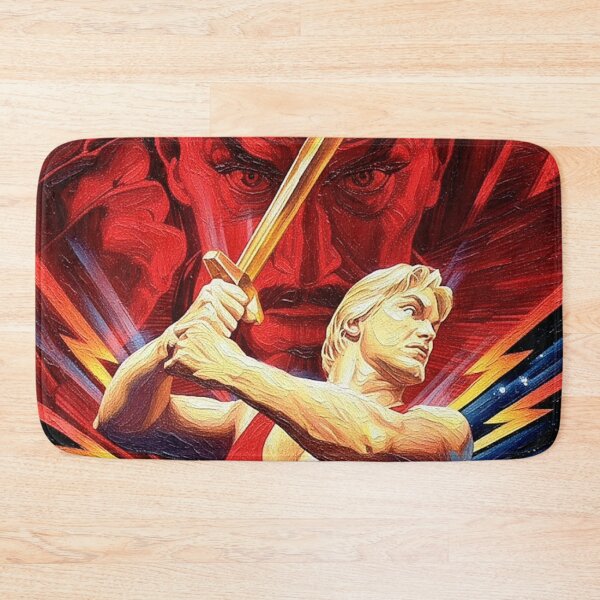 Item preview, Blonde Hero Gold Sword Red Lightning Art | Intergalactic Villain 80s Movie Painting | Bright Sci-Fi Poster designed and sold by Art's Diner.